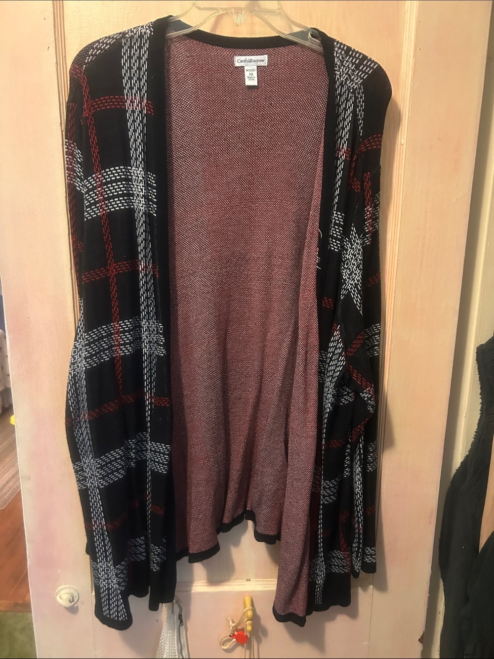croft & barrow Black, Red & White Plaid Open Cardigan